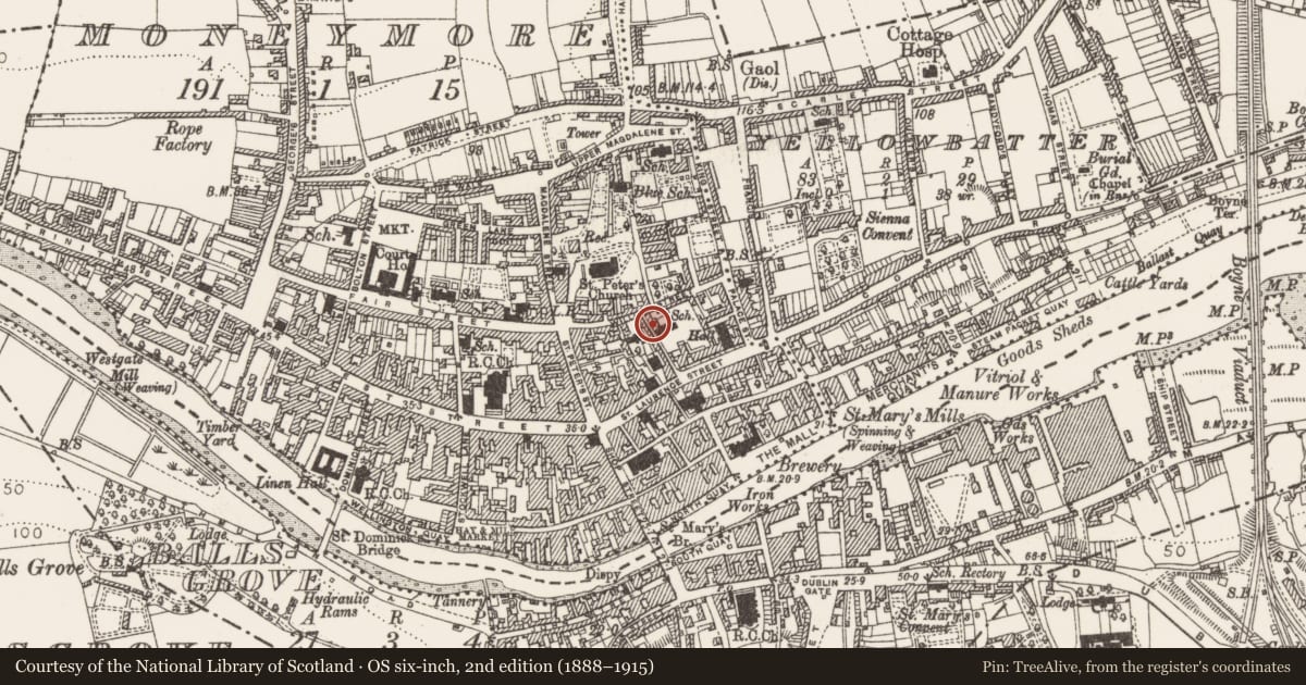 Ordnance Survey six-inch map, 2nd edition (1888–1915) covering the location of House - medieval, Moneymore, County Louth, with a pin at the register's coordinates