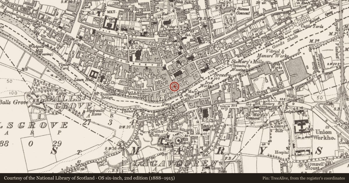 Ordnance Survey six-inch map, 2nd edition (1888–1915) covering the location of Quay, Moneymore, County Louth, with a pin at the register's coordinates