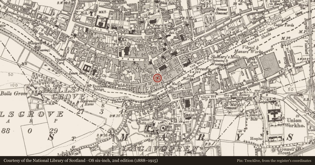 Ordnance Survey six-inch map, 2nd edition (1888–1915) covering the location of House - medieval, Moneymore, County Louth, with a pin at the register's coordinates