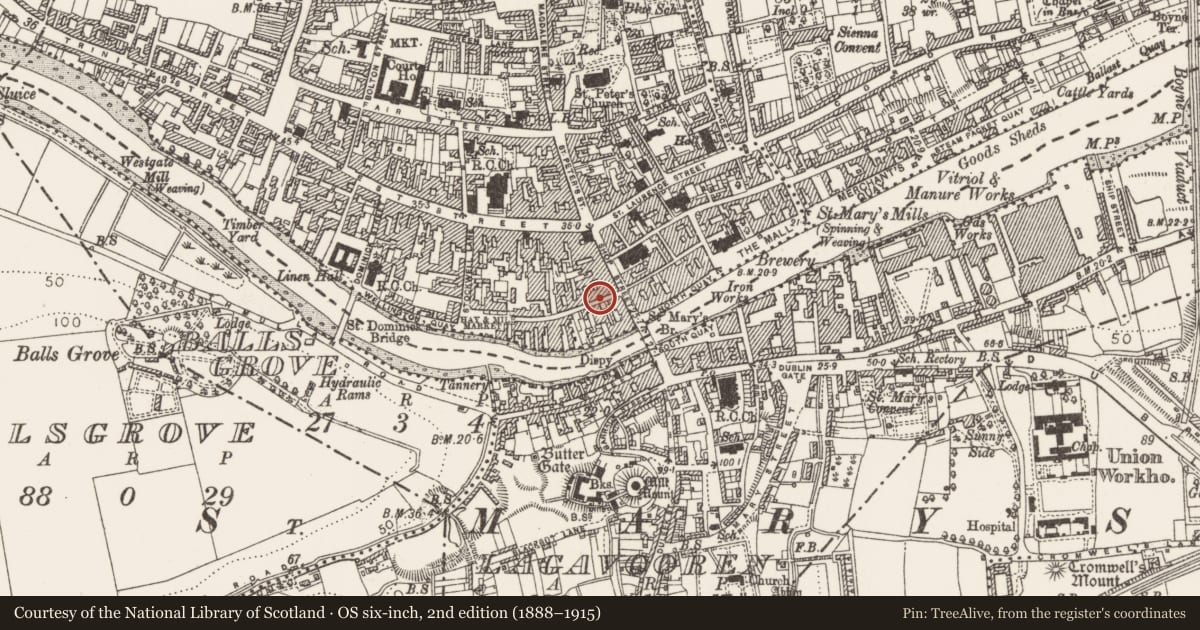Ordnance Survey six-inch map, 2nd edition (1888–1915) covering the location of House - medieval, Moneymore, County Louth, with a pin at the register's coordinates