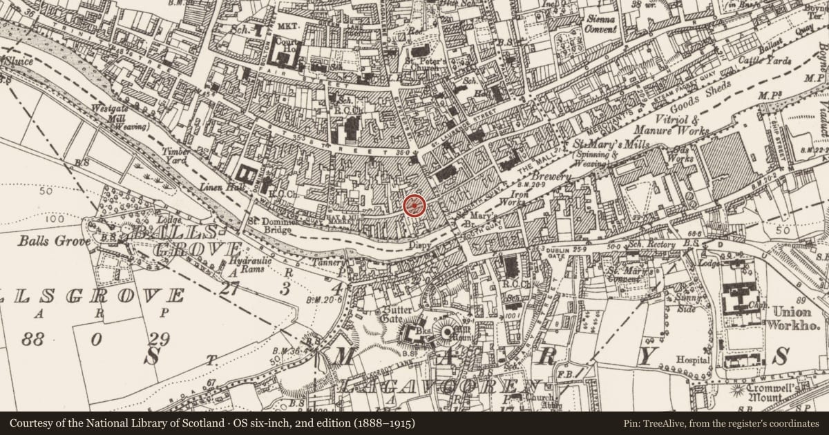 Ordnance Survey six-inch map, 2nd edition (1888–1915) covering the location of House - medieval, Moneymore, County Louth, with a pin at the register's coordinates