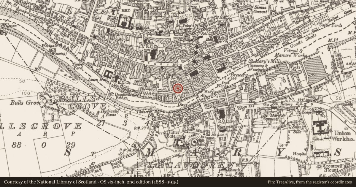 Ordnance Survey six-inch map, 2nd edition (1888–1915) covering the location of House - medieval, Moneymore, County Louth, with a pin at the register's coordinates