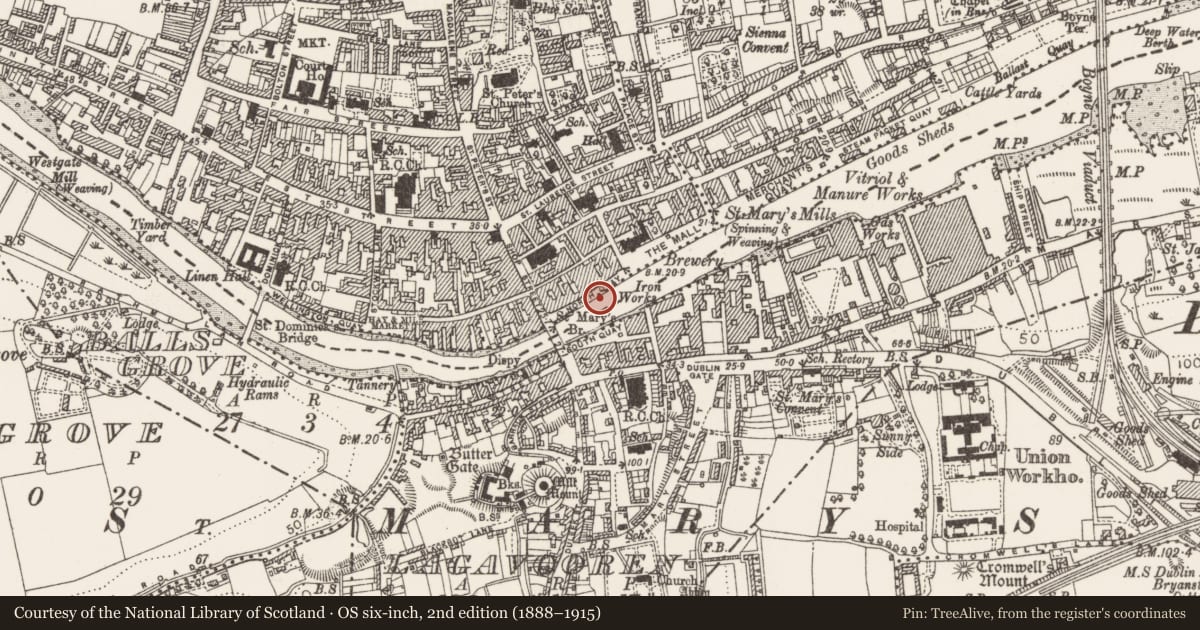 Ordnance Survey six-inch map, 2nd edition (1888–1915) covering the location of Quay, Moneymore, County Louth, with a pin at the register's coordinates