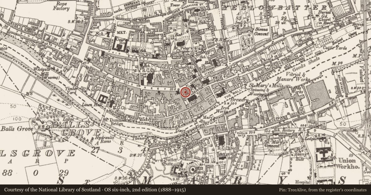 Ordnance Survey six-inch map, 2nd edition (1888–1915) covering the location of House - 16th century, Moneymore, County Louth, with a pin at the register's coordinates