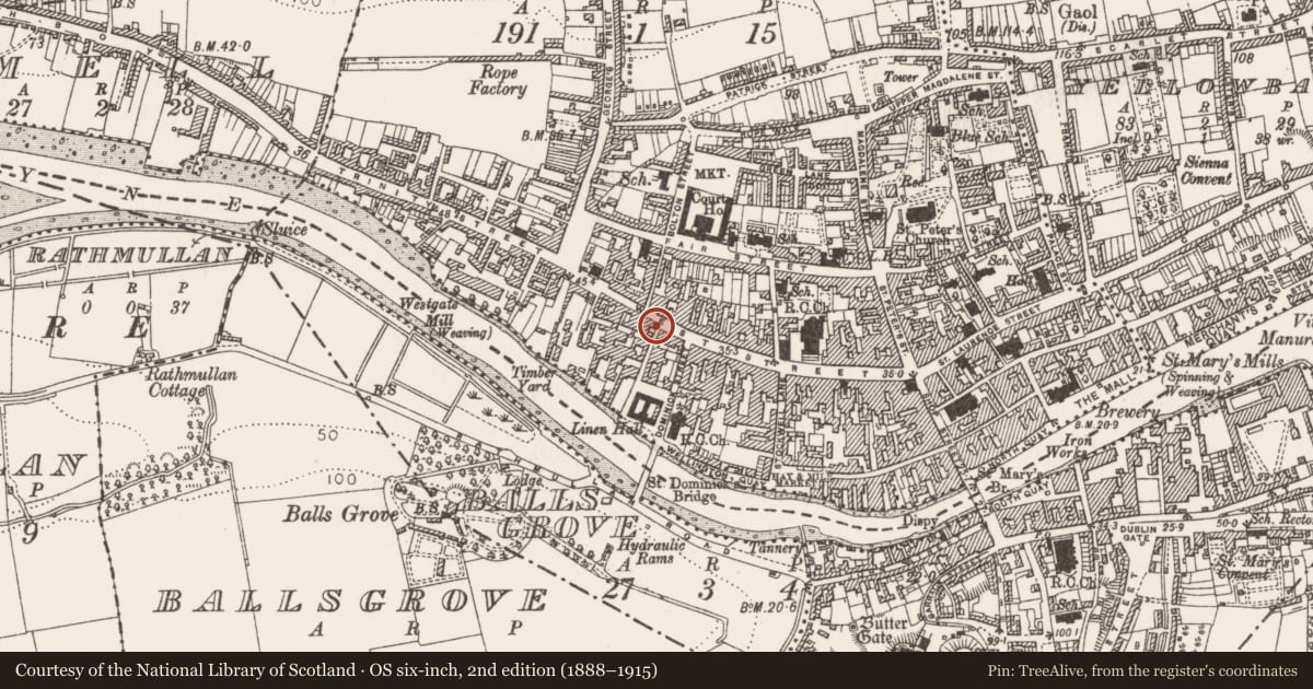 Ordnance Survey six-inch map, 2nd edition (1888–1915) covering the location of House - medieval, Moneymore, County Louth, with a pin at the register's coordinates