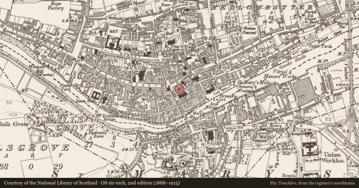 Ordnance Survey six-inch map, 2nd edition (1888–1915) covering the location of House - medieval, Moneymore, County Louth, with a pin at the register's coordinates