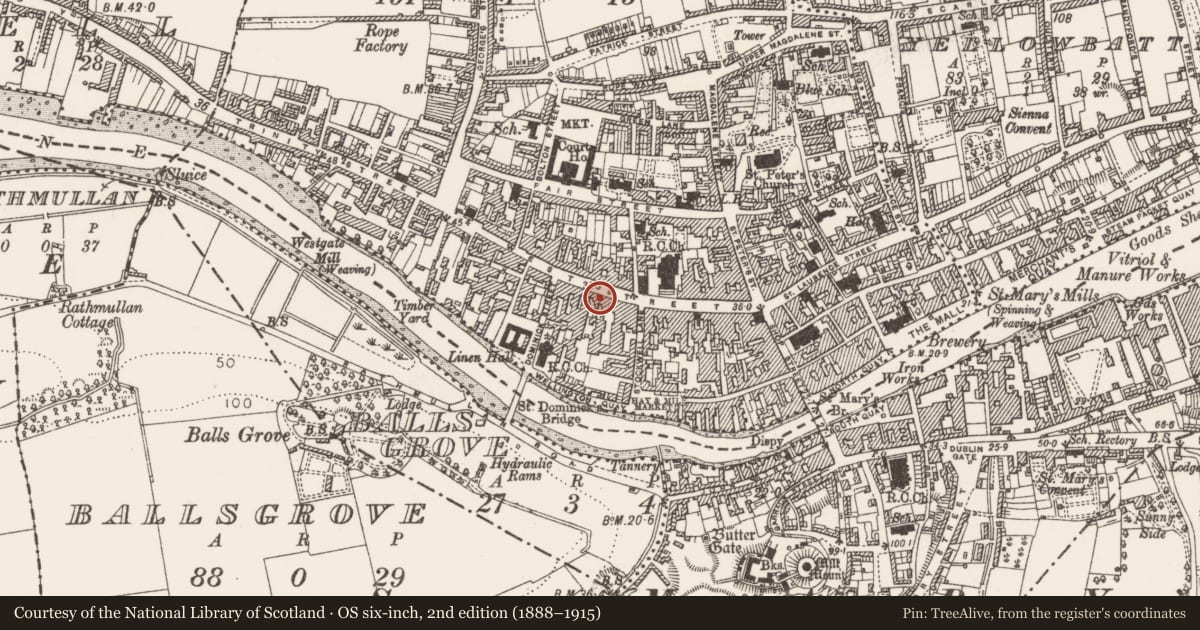 Ordnance Survey six-inch map, 2nd edition (1888–1915) covering the location of House - medieval, Moneymore, County Louth, with a pin at the register's coordinates