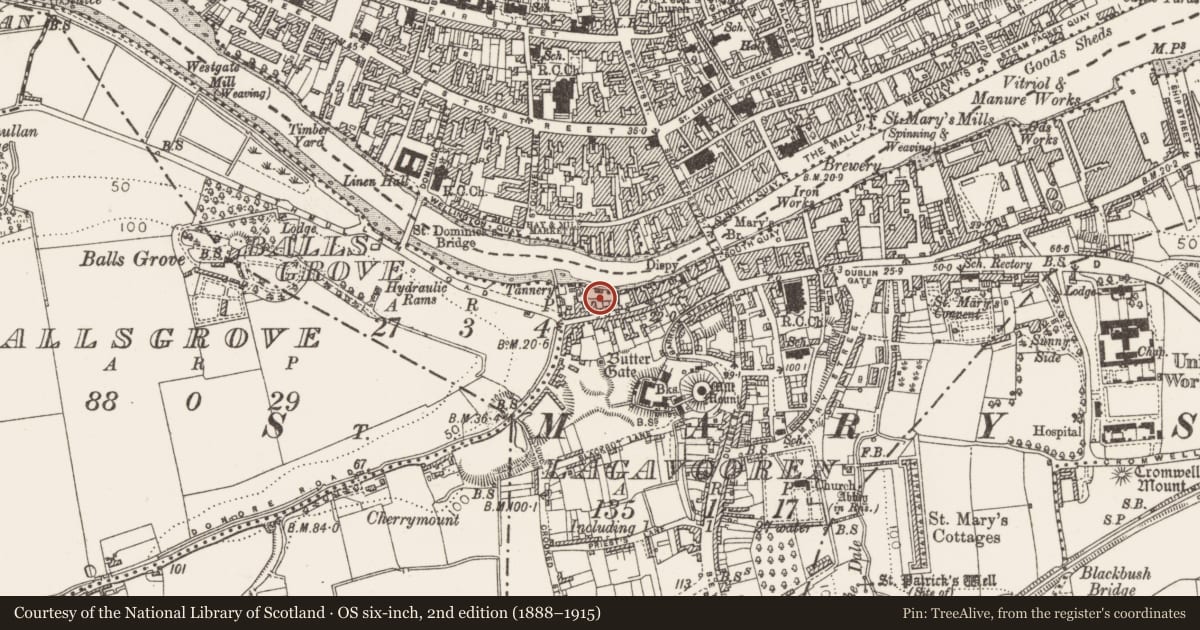 Ordnance Survey six-inch map, 2nd edition (1888–1915) covering the location of Tannery, Lagavooren, County Louth, with a pin at the register's coordinates