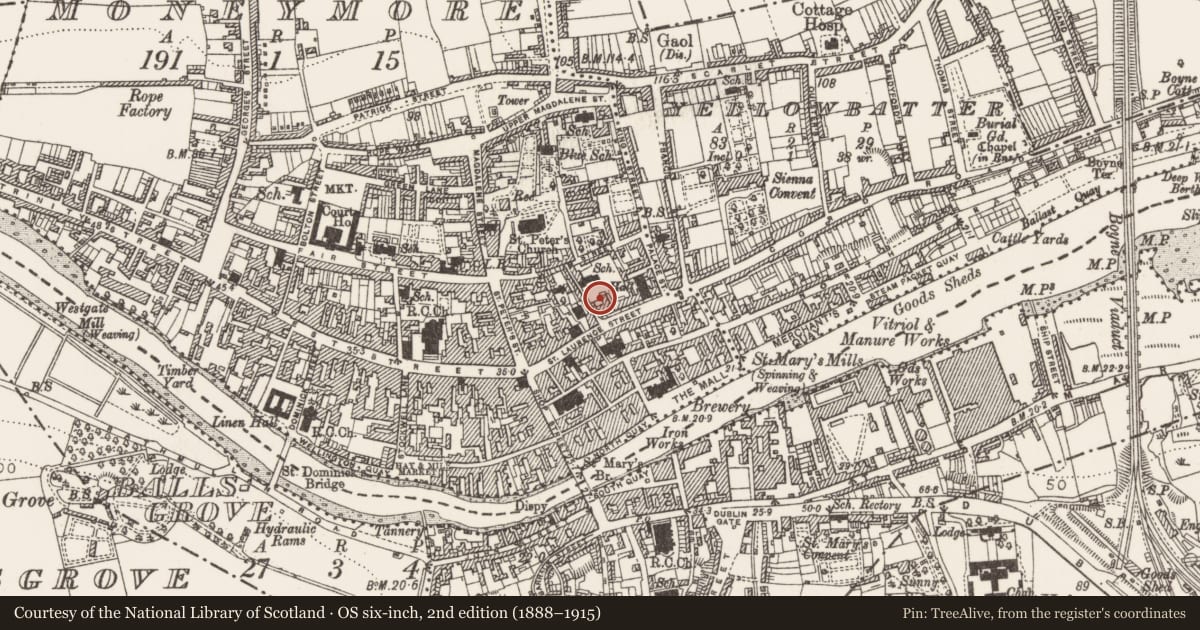 Ordnance Survey six-inch map, 2nd edition (1888–1915) covering the location of Building, Moneymore, County Louth, with a pin at the register's coordinates