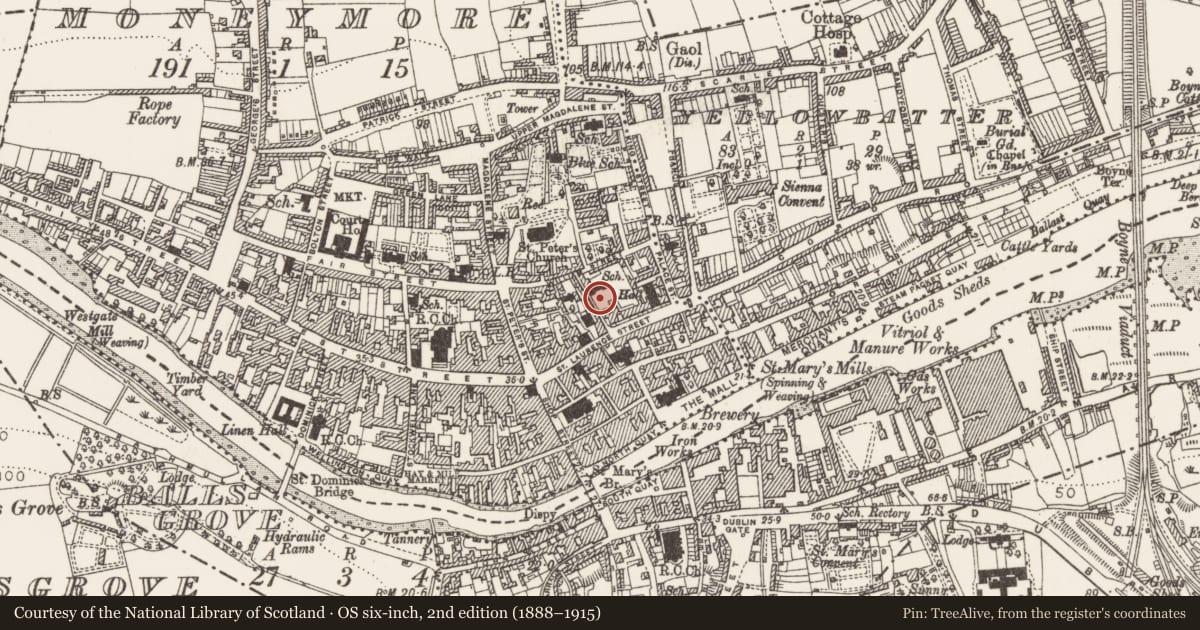 Ordnance Survey six-inch map, 2nd edition (1888–1915) covering the location of House - medieval, Moneymore, County Louth, with a pin at the register's coordinates