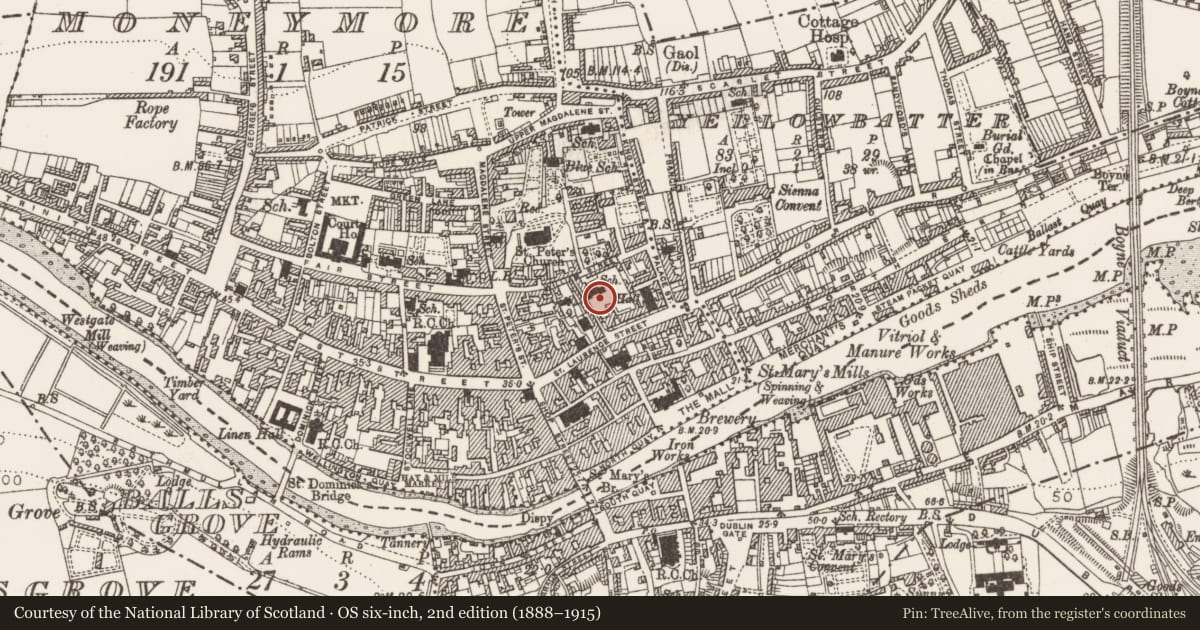 Ordnance Survey six-inch map, 2nd edition (1888–1915) covering the location of Kiln - corn-drying, Moneymore, County Louth, with a pin at the register's coordinates