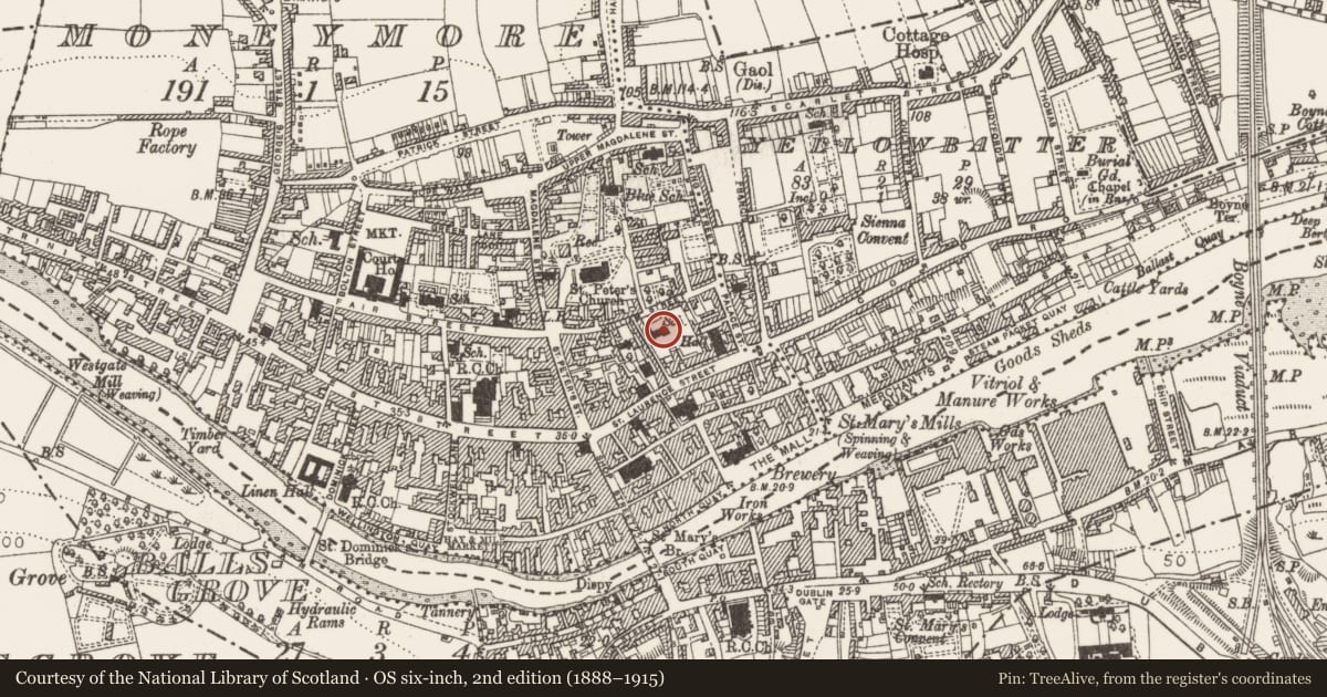 Ordnance Survey six-inch map, 2nd edition (1888–1915) covering the location of Building, Moneymore, County Louth, with a pin at the register's coordinates