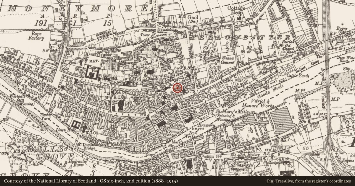 Ordnance Survey six-inch map, 2nd edition (1888–1915) covering the location of Kiln - corn-drying, Moneymore, County Louth, with a pin at the register's coordinates