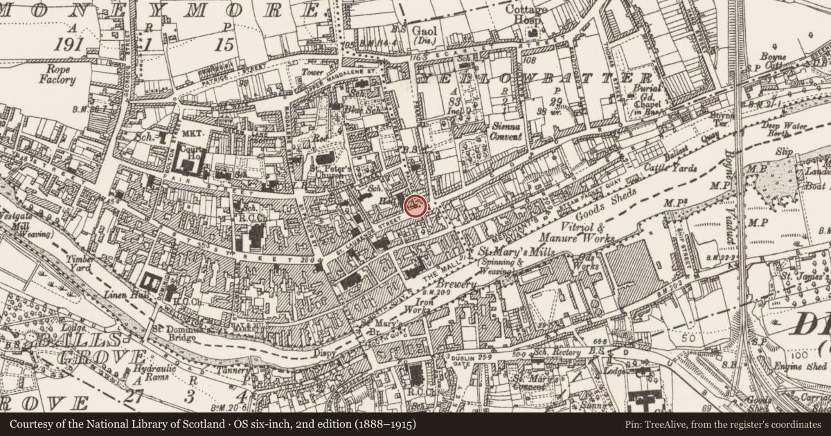 Ordnance Survey six-inch map, 2nd edition (1888–1915) covering the location of Building, Moneymore, County Louth, with a pin at the register's coordinates