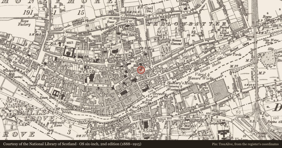 Ordnance Survey six-inch map, 2nd edition (1888–1915) covering the location of Building, Moneymore, County Louth, with a pin at the register's coordinates