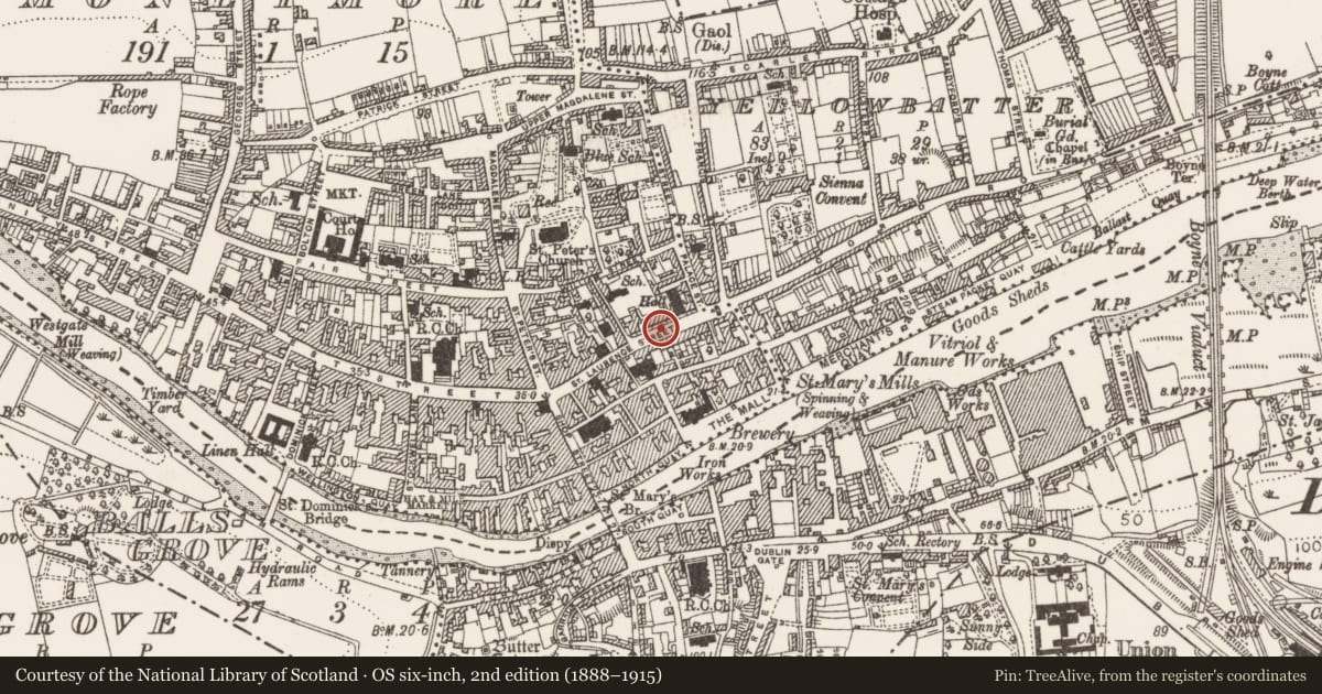 Ordnance Survey six-inch map, 2nd edition (1888–1915) covering the location of Building, Moneymore, County Louth, with a pin at the register's coordinates