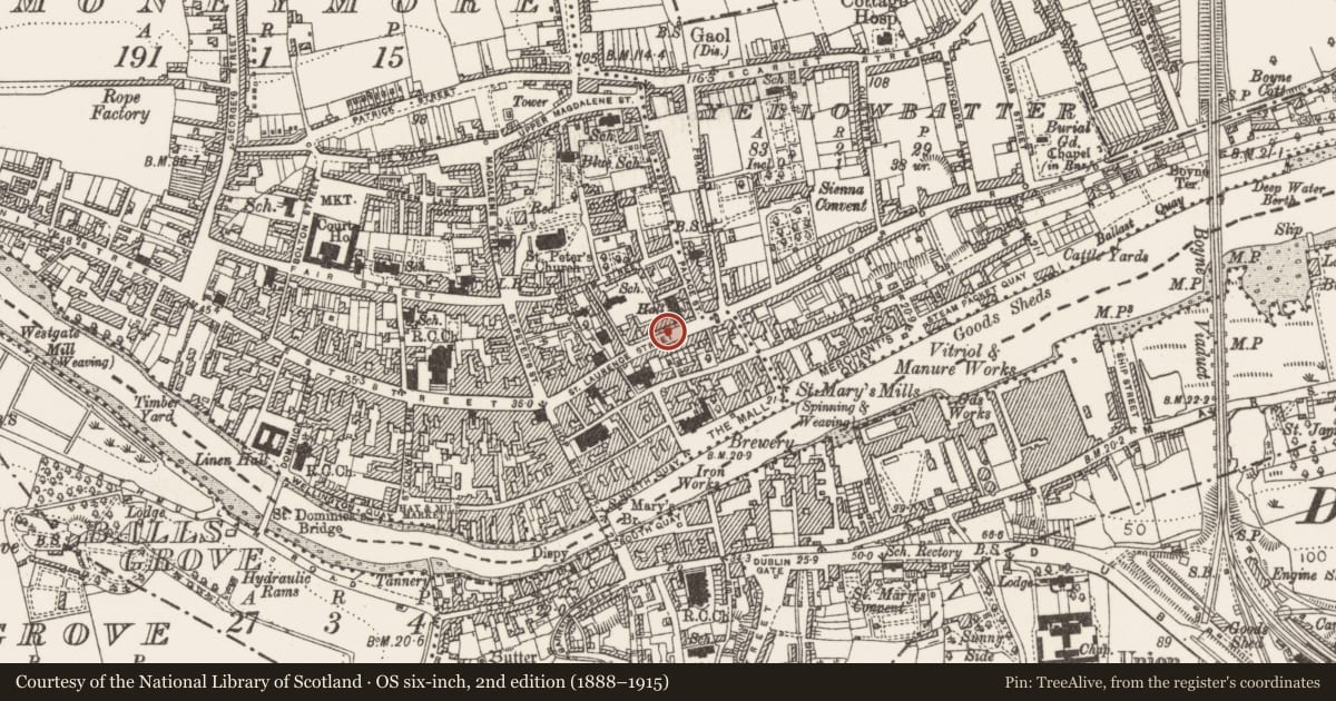 Ordnance Survey six-inch map, 2nd edition (1888–1915) covering the location of Ecclesiastical residence, Moneymore, County Louth, with a pin at the register's coordinates