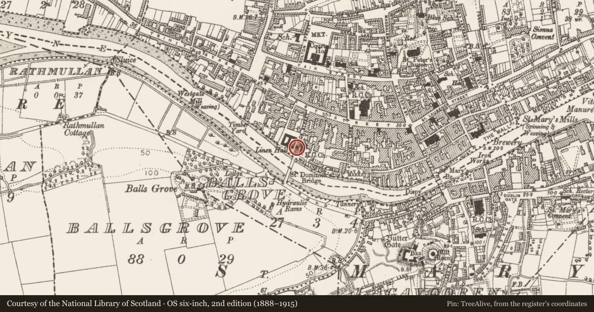 Ordnance Survey six-inch map, 2nd edition (1888–1915) covering the location of Quay, Moneymore, County Louth, with a pin at the register's coordinates