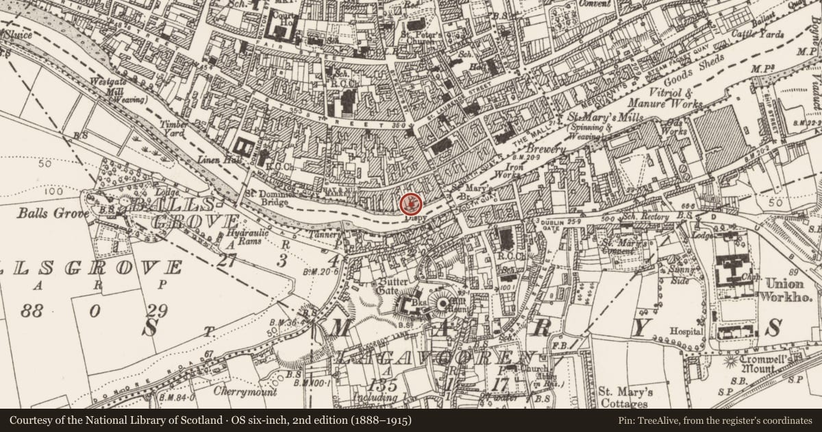 Ordnance Survey six-inch map, 2nd edition (1888–1915) covering the location of Quay, Moneymore, County Louth, with a pin at the register's coordinates