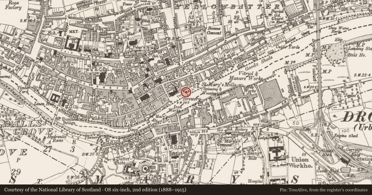 Ordnance Survey six-inch map, 2nd edition (1888–1915) covering the location of Kiln, Moneymore, County Louth, with a pin at the register's coordinates