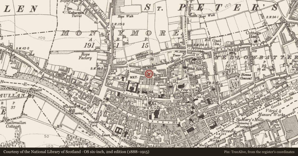 Ordnance Survey six-inch map, 2nd edition (1888–1915) covering the location of Kiln - pottery, Moneymore, County Louth, with a pin at the register's coordinates