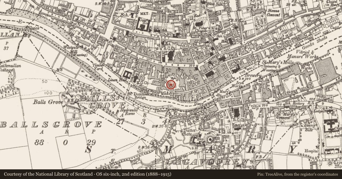 Ordnance Survey six-inch map, 2nd edition (1888–1915) covering the location of Building, Moneymore, County Louth, with a pin at the register's coordinates