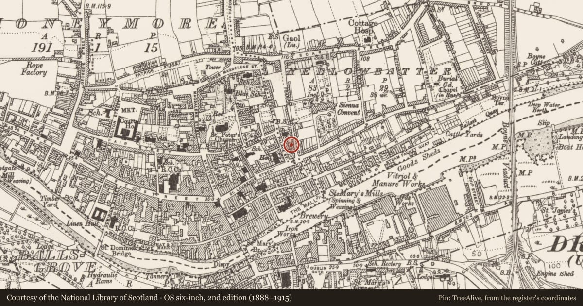 Ordnance Survey six-inch map, 2nd edition (1888–1915) covering the location of Building, Moneymore, County Louth, with a pin at the register's coordinates