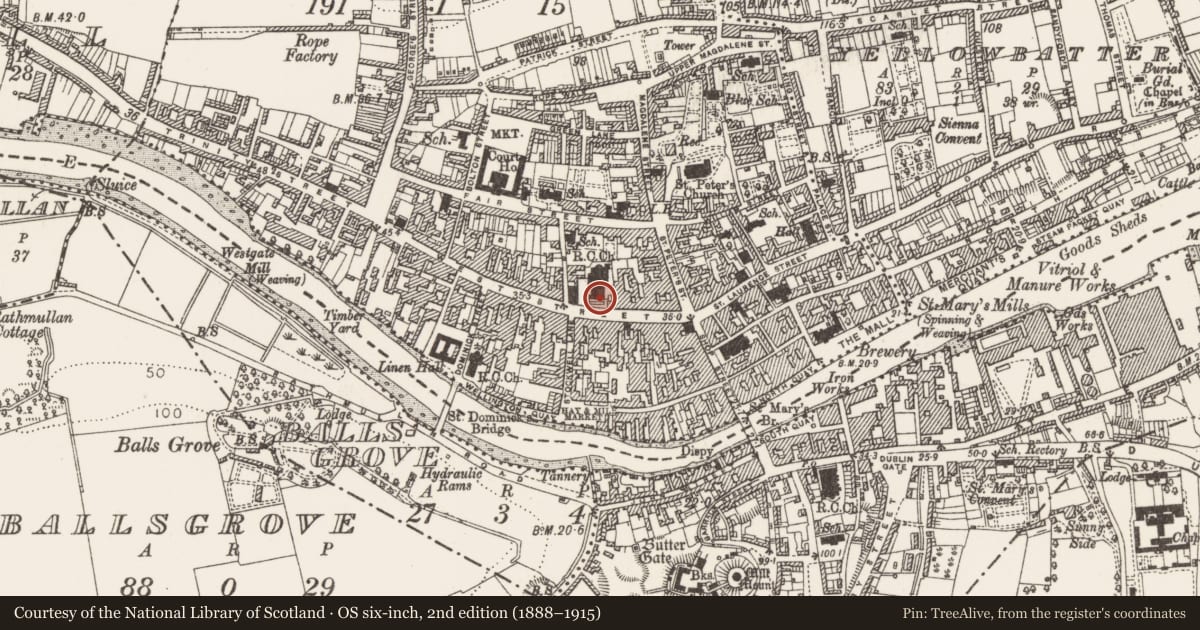 Ordnance Survey six-inch map, 2nd edition (1888–1915) covering the location of Font (present location), Moneymore, County Louth, with a pin at the register's coordinates