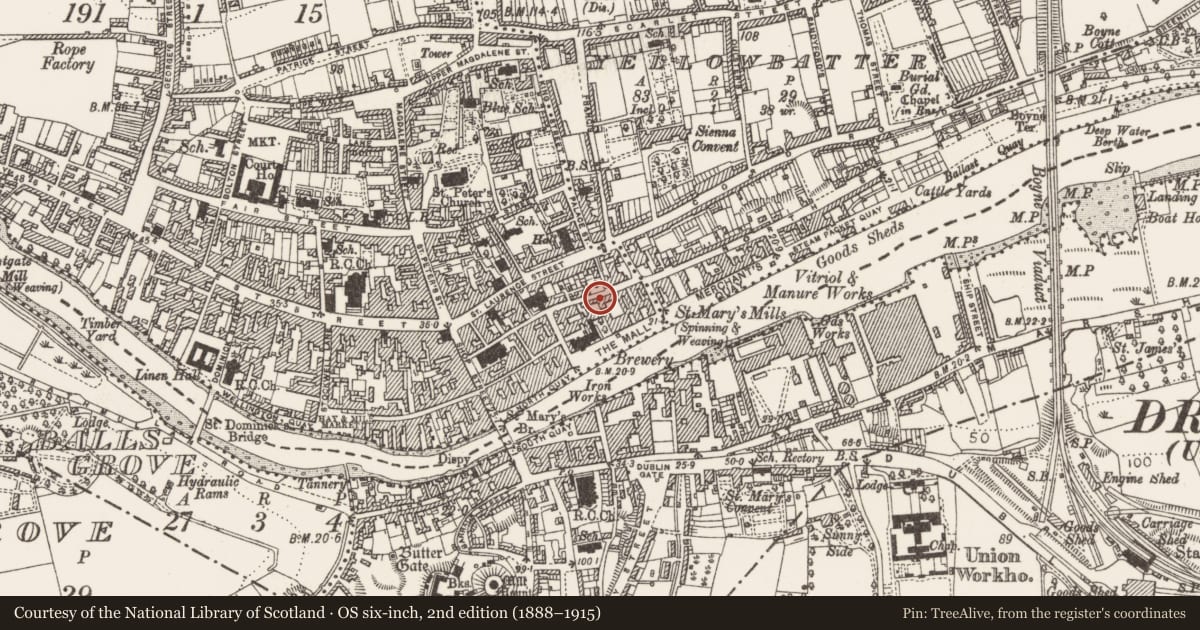 Ordnance Survey six-inch map, 2nd edition (1888–1915) covering the location of Road - road/trackway, Moneymore, County Louth, with a pin at the register's coordinates