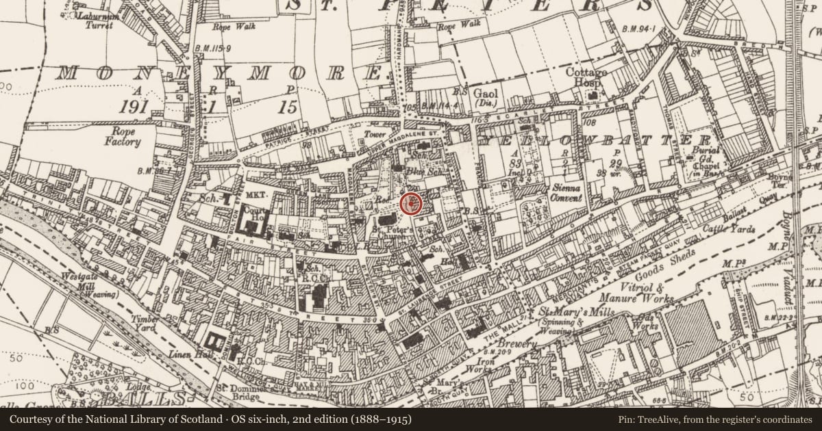 Ordnance Survey six-inch map, 2nd edition (1888–1915) covering the location of Tomb - effigial, Moneymore, County Louth, with a pin at the register's coordinates