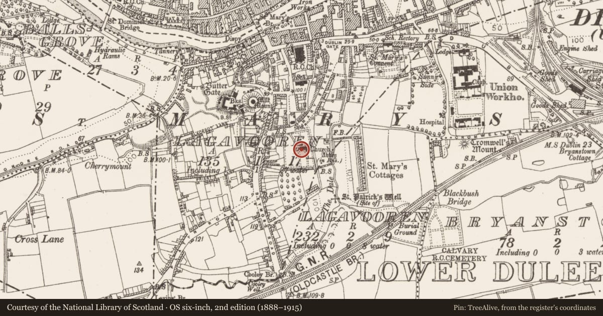 Ordnance Survey six-inch map, 2nd edition (1888–1915) covering the location of Graveslab, Lagavooren, County Louth, with a pin at the register's coordinates