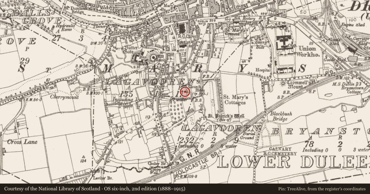Ordnance Survey six-inch map, 2nd edition (1888–1915) covering the location of Graveslab, Lagavooren, County Louth, with a pin at the register's coordinates