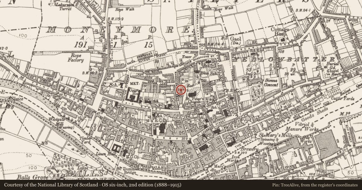 Ordnance Survey six-inch map, 2nd edition (1888–1915) covering the location of Building, Moneymore, County Louth, with a pin at the register's coordinates