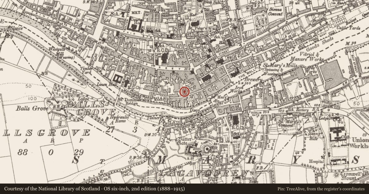 Ordnance Survey six-inch map, 2nd edition (1888–1915) covering the location of Building, Moneymore, County Louth, with a pin at the register's coordinates