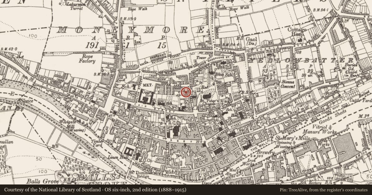 Ordnance Survey six-inch map, 2nd edition (1888–1915) covering the location of Excavation - miscellaneous, Moneymore, County Louth, with a pin at the register's coordinates