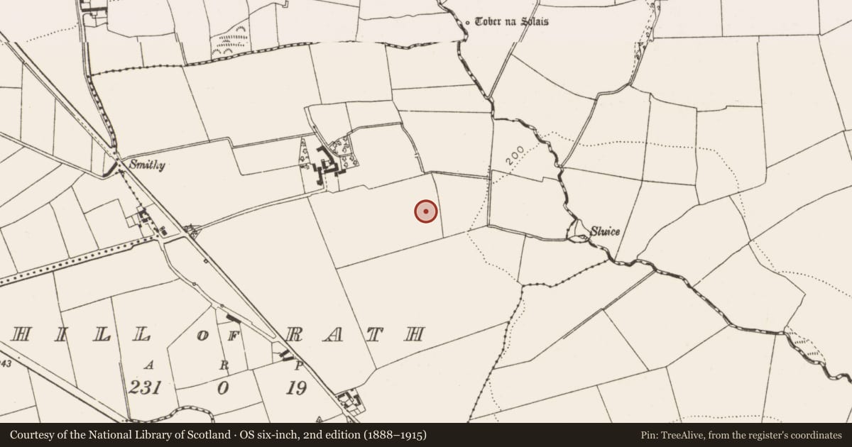 Ordnance Survey six-inch map, 2nd edition (1888–1915) covering the location of Fulacht fia, Hill of Rath, County Louth, with a pin at the register's coordinates