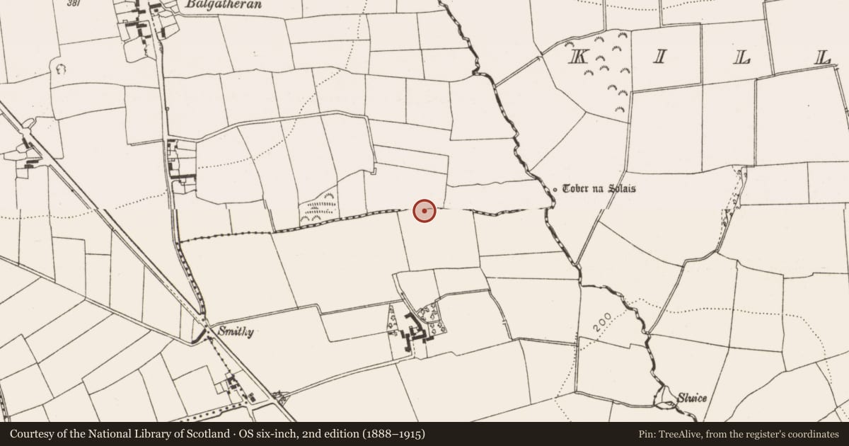 Ordnance Survey six-inch map, 2nd edition (1888–1915) covering the location of Fulacht fia, Hill of Rath, County Louth, with a pin at the register's coordinates