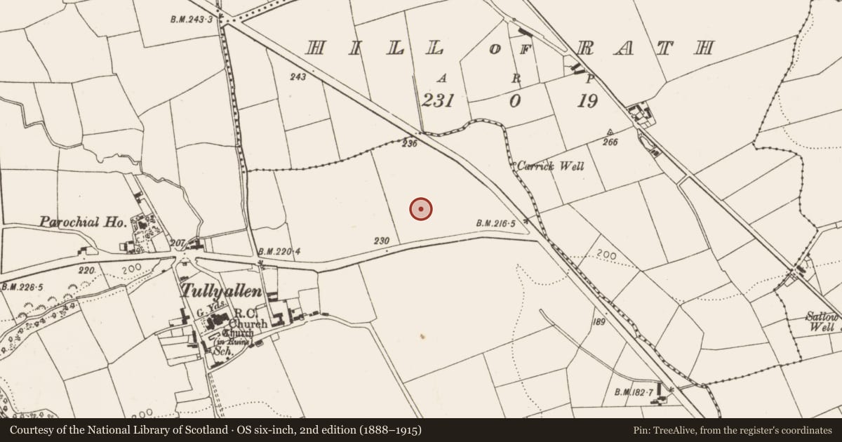 Ordnance Survey six-inch map, 2nd edition (1888–1915) covering the location of Excavation - miscellaneous, Tullyallen, County Louth, with a pin at the register's coordinates