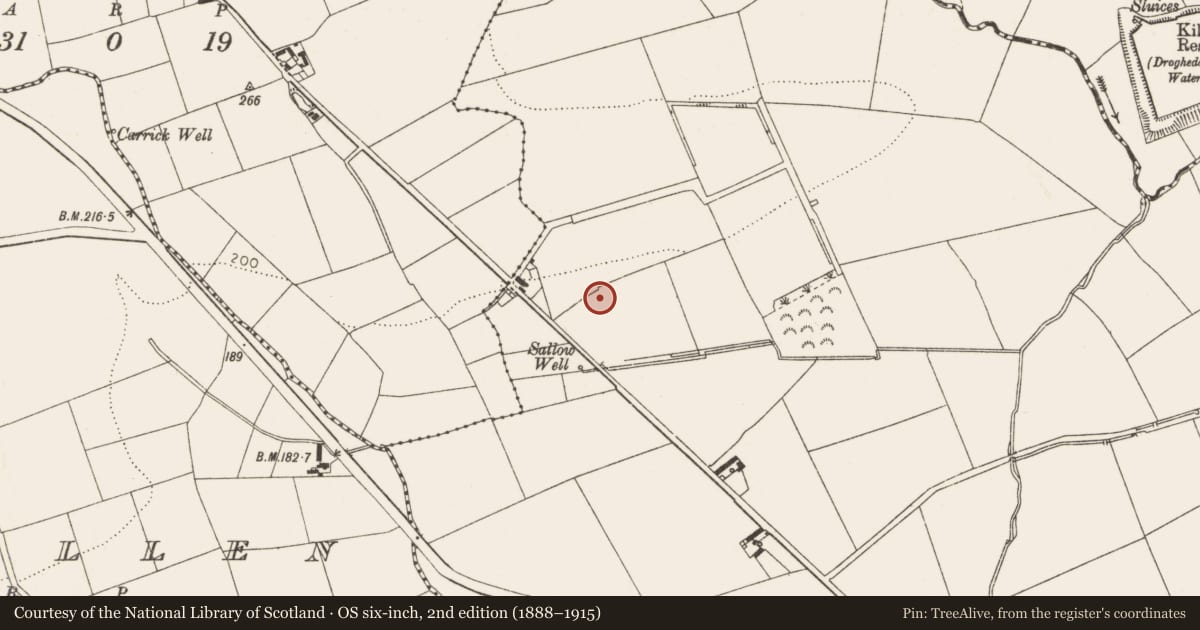 Ordnance Survey six-inch map, 2nd edition (1888–1915) covering the location of Fulacht fia, Mell, County Louth, with a pin at the register's coordinates
