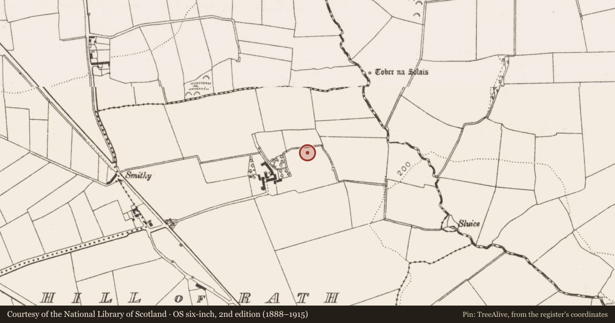 Ordnance Survey six-inch map, 2nd edition (1888–1915) covering the location of Fulacht fia, Hill of Rath, County Louth, with a pin at the register's coordinates