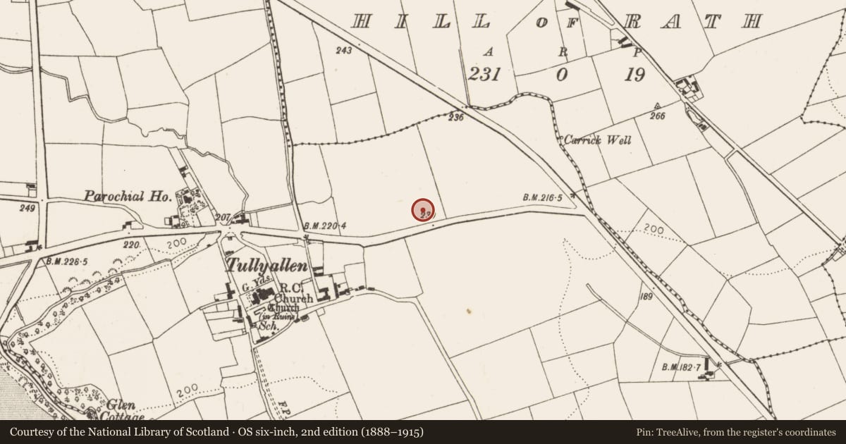 Ordnance Survey six-inch map, 2nd edition (1888–1915) covering the location of House - Bronze Age, Tullyallen, County Louth, with a pin at the register's coordinates