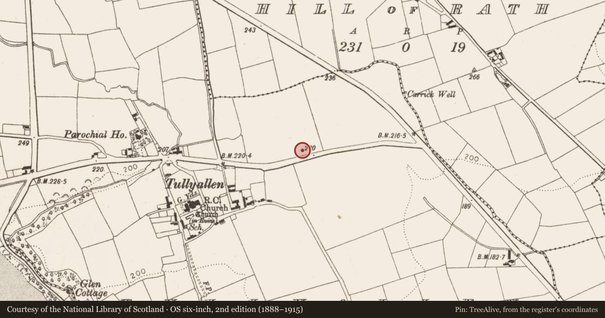 Ordnance Survey six-inch map, 2nd edition (1888–1915) covering the location of Kiln - corn-drying, Tullyallen, County Louth, with a pin at the register's coordinates