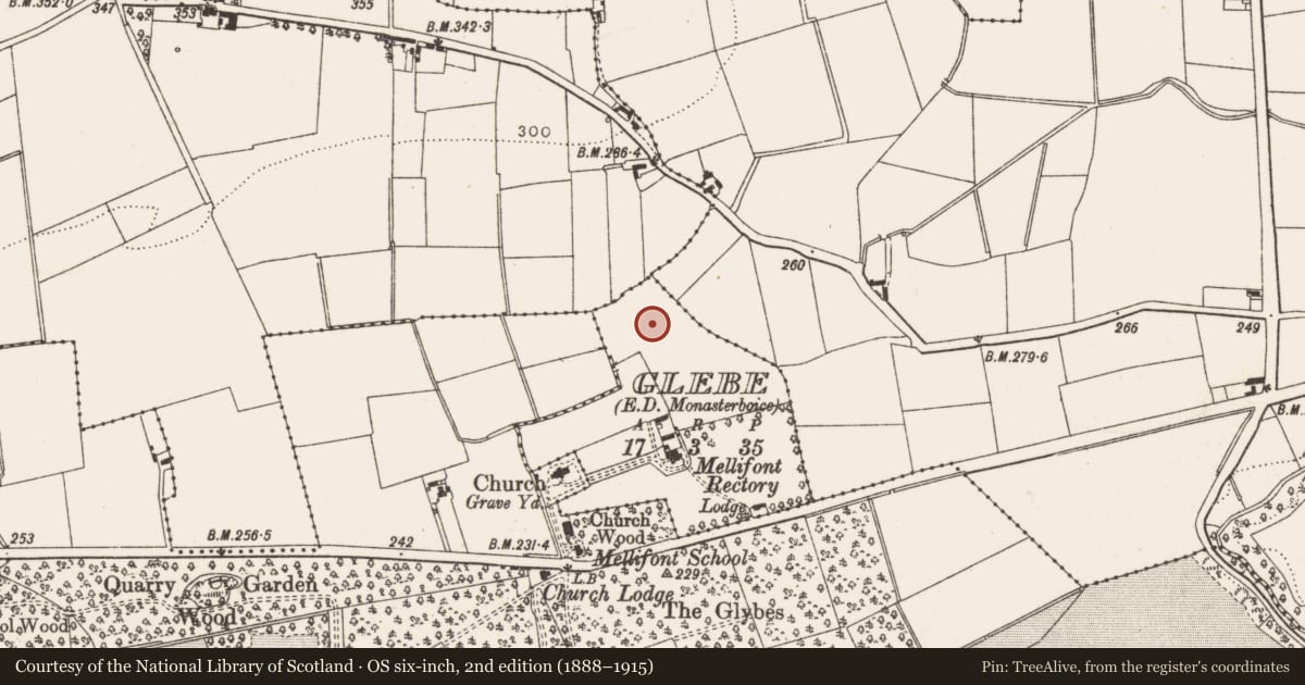 Ordnance Survey six-inch map, 2nd edition (1888–1915) covering the location of Ringfort - rath, Glebe (Ferrard By., Tullyallen Par.), County Louth, with a pin at the register's coordinates