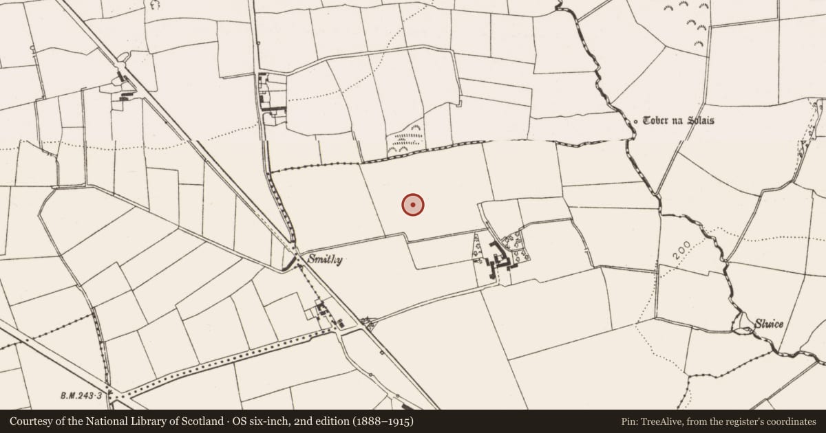 Ordnance Survey six-inch map, 2nd edition (1888–1915) covering the location of Ring-ditch, Hill of Rath, County Louth, with a pin at the register's coordinates