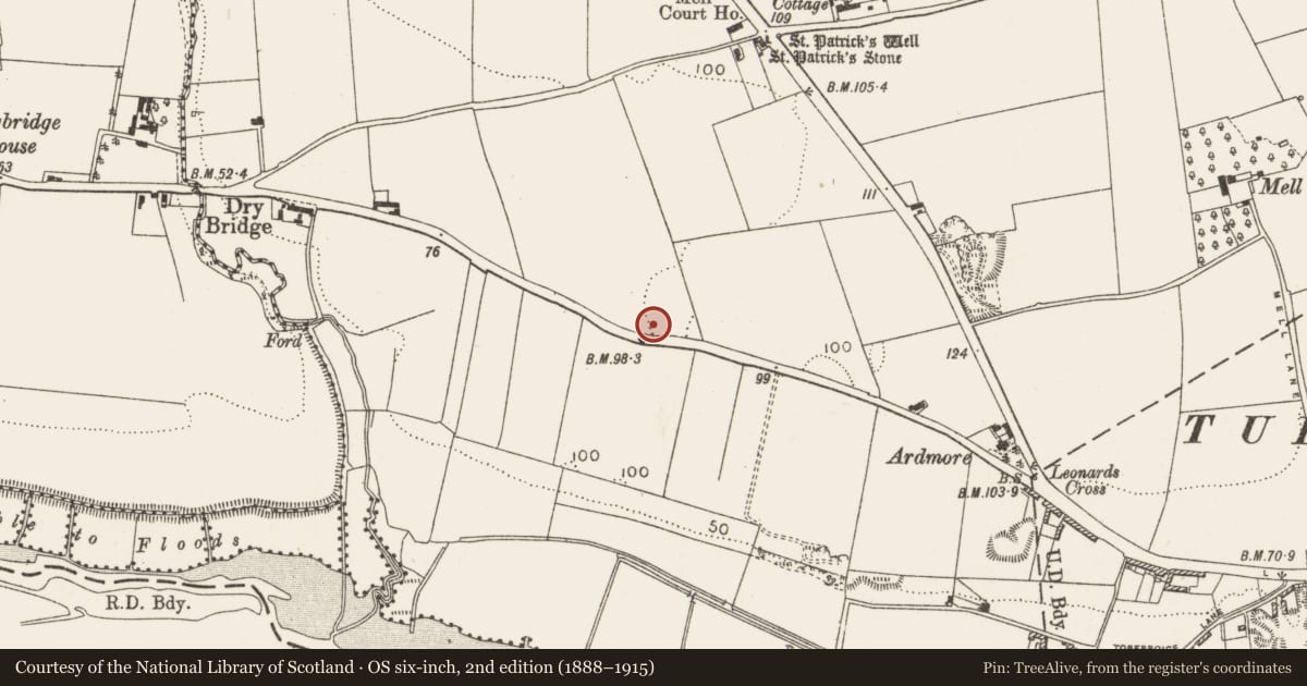Ordnance Survey six-inch map, 2nd edition (1888–1915) covering the location of Ringfort - rath, Mell, County Louth, with a pin at the register's coordinates