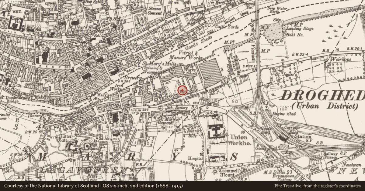 Ordnance Survey six-inch map, 2nd edition (1888–1915) covering the location of Religious house - Carmelite friars, Lagavooren, County Louth, with a pin at the register's coordinates