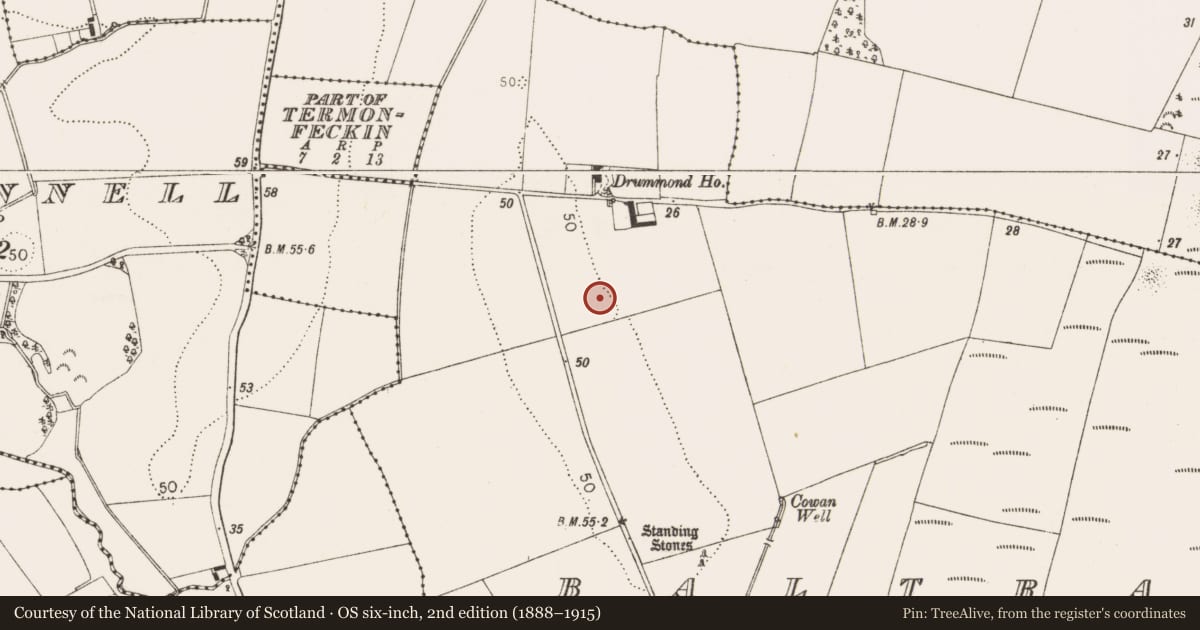 Ordnance Survey six-inch map, 2nd edition (1888–1915) covering the location of Burial ground, Baltray, County Louth, with a pin at the register's coordinates