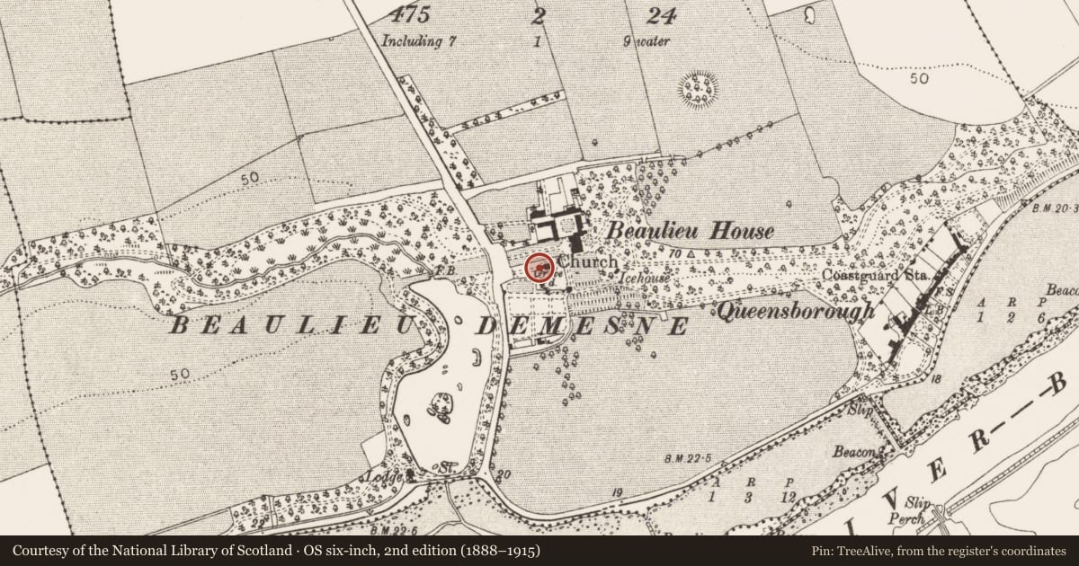Ordnance Survey six-inch map, 2nd edition (1888–1915) covering the location of Tomb - effigial, Beaulieu, County Louth, with a pin at the register's coordinates