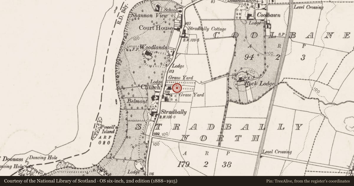 Ordnance Survey six-inch map, 2nd edition (1888–1915) covering the location of Church, Stradbally North, County Limerick, with a pin at the register's coordinates