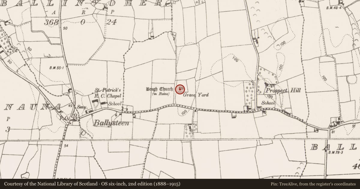 Ordnance Survey six-inch map, 2nd edition (1888–1915) covering the location of Church, Beagh, County Limerick, with a pin at the register's coordinates
